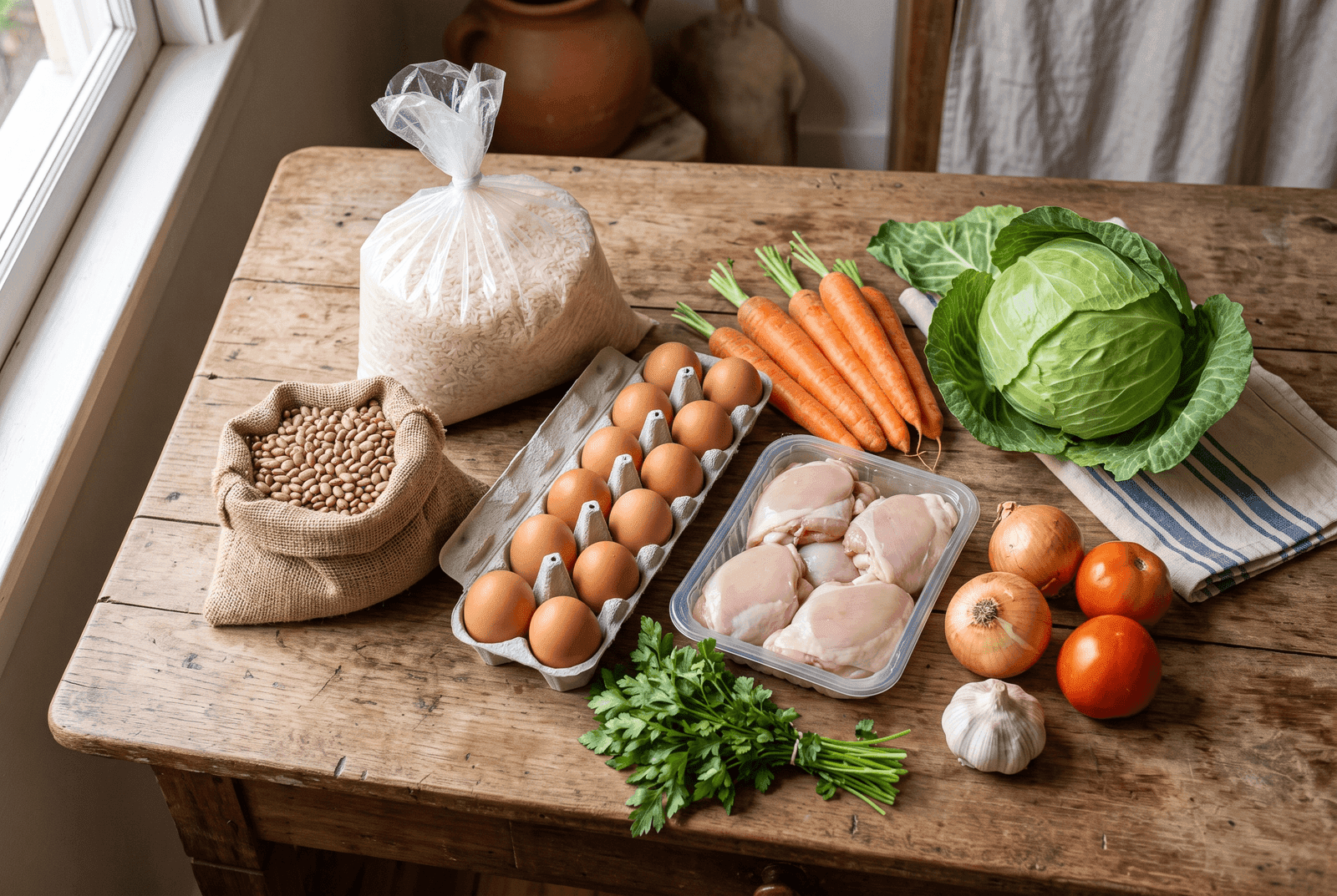 Ingredientes baratos de mercado: arroz, feijão, ovos, coxa e sobrecoxa de frango, cenoura e repolho
