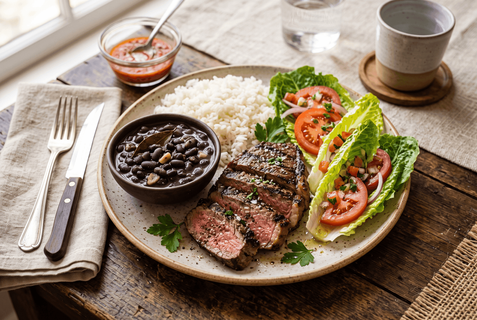 Prato brasileiro clássico com arroz branco, feijão preto, bife grelhado e salada de alface e tomate
