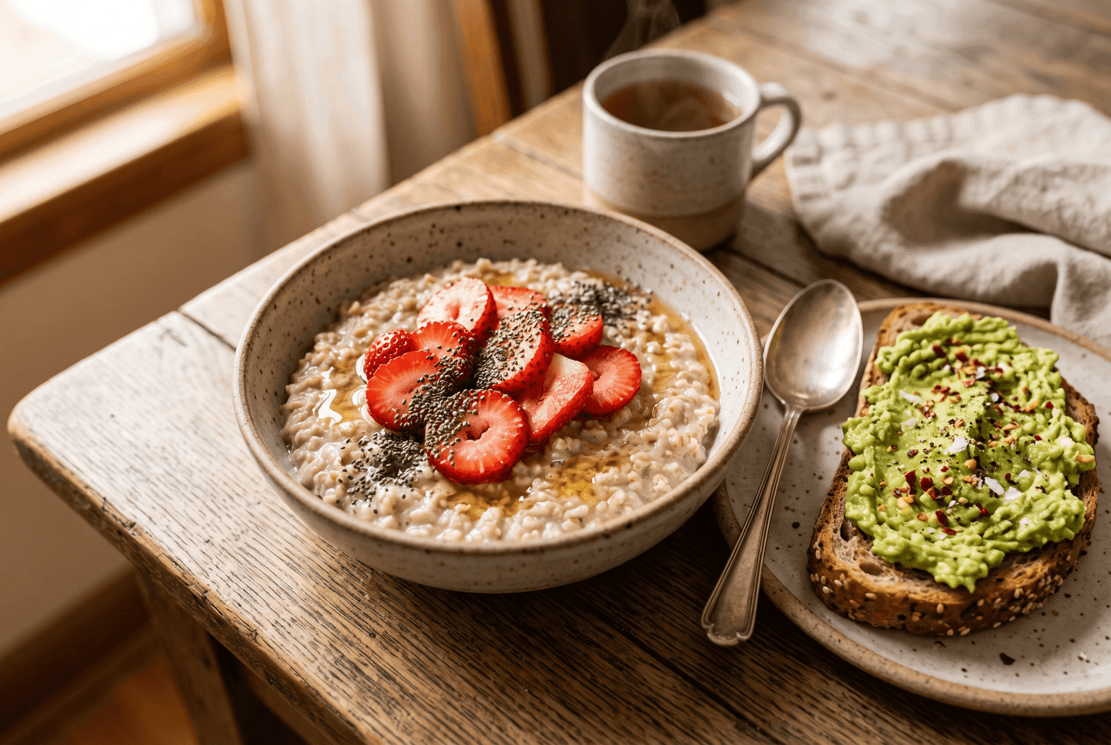 Café da manhã com aveia, morango, chia e torrada integral com abacate