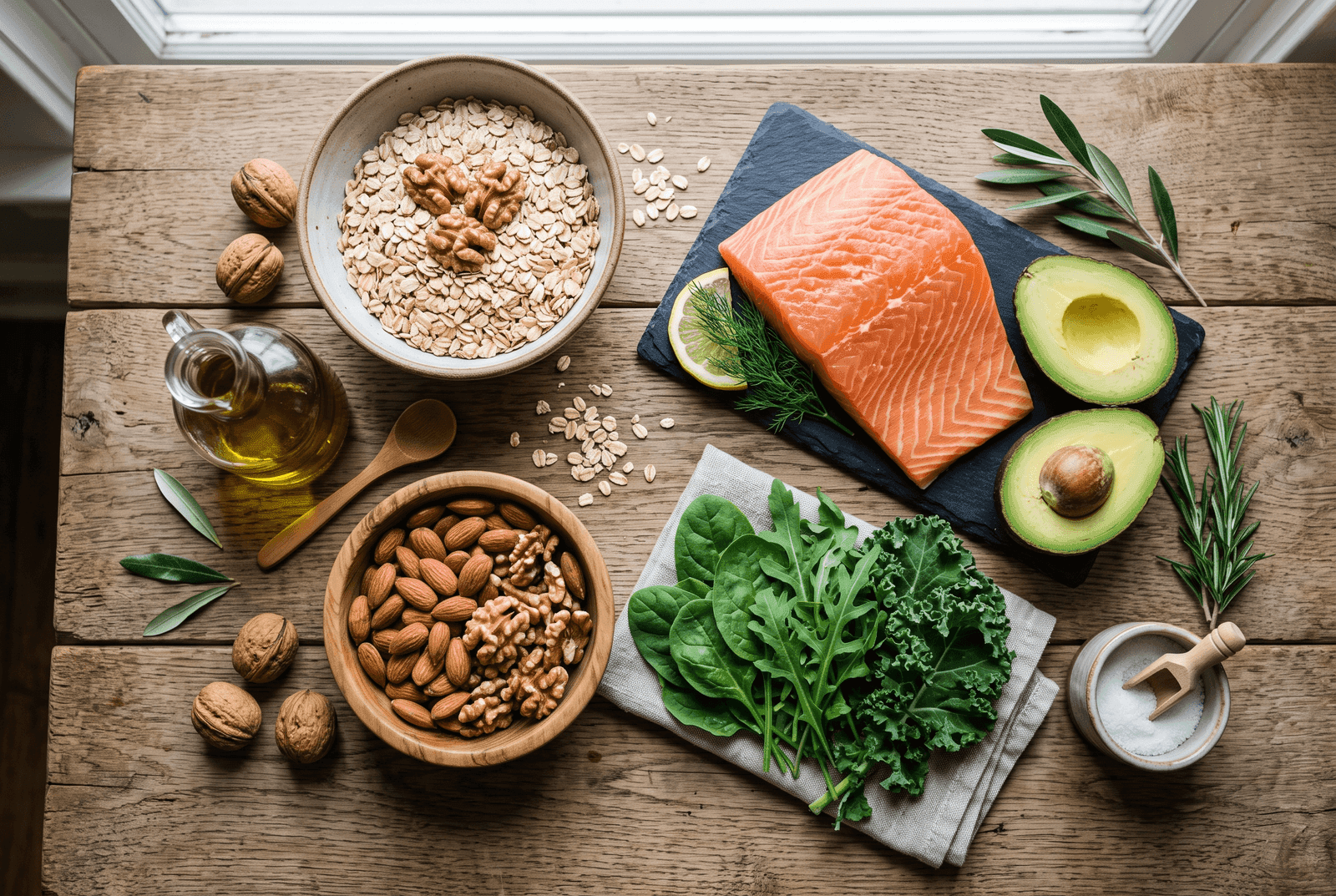 Ingredientes para dieta de colesterol alto: aveia, salmão, castanhas, azeite, abacate e folhas verdes