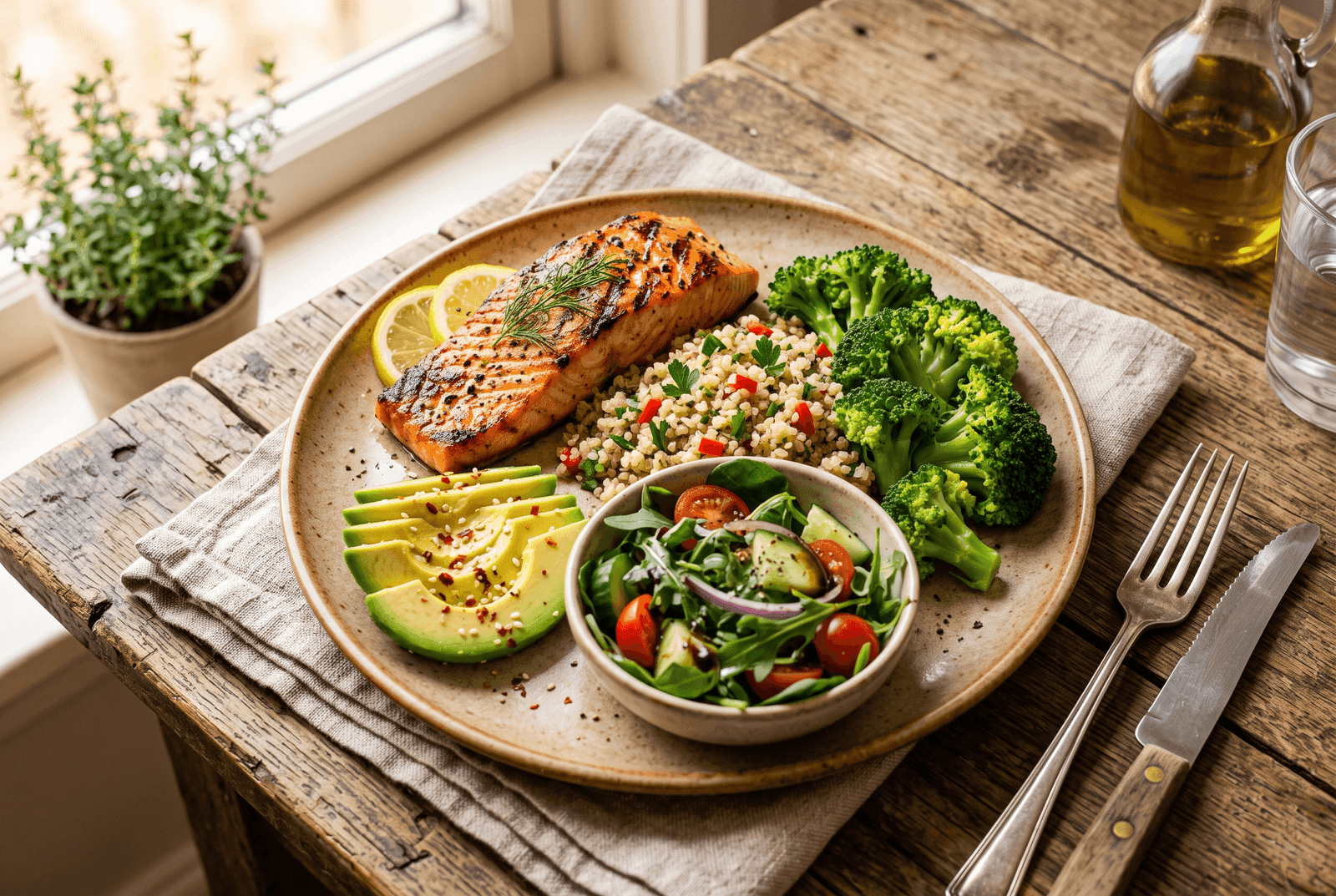 Prato com salmão grelhado, quinoa, brócolis no vapor e abacate, refeição pensada para colesterol alto