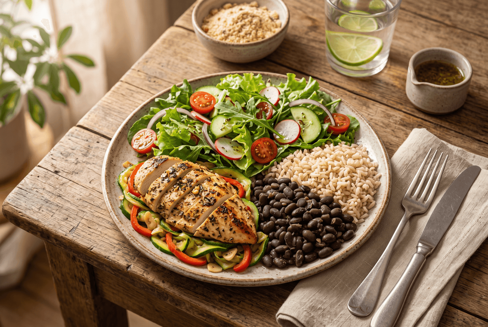 Prato com frango grelhado, arroz integral, feijão preto e salada verde, seguindo o método do prato para diabetes tipo 2