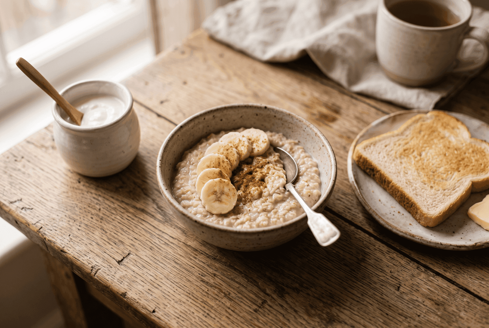 Café da manhã suave com mingau de aveia, banana, iogurte natural e torrada