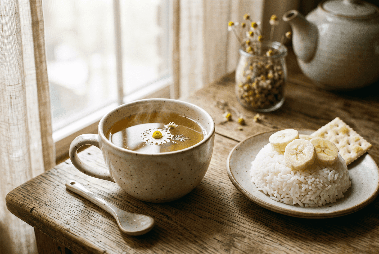 Chá de camomila com arroz branco, banana e biscoito de água e sal, alimentos leves para crise de gastrite