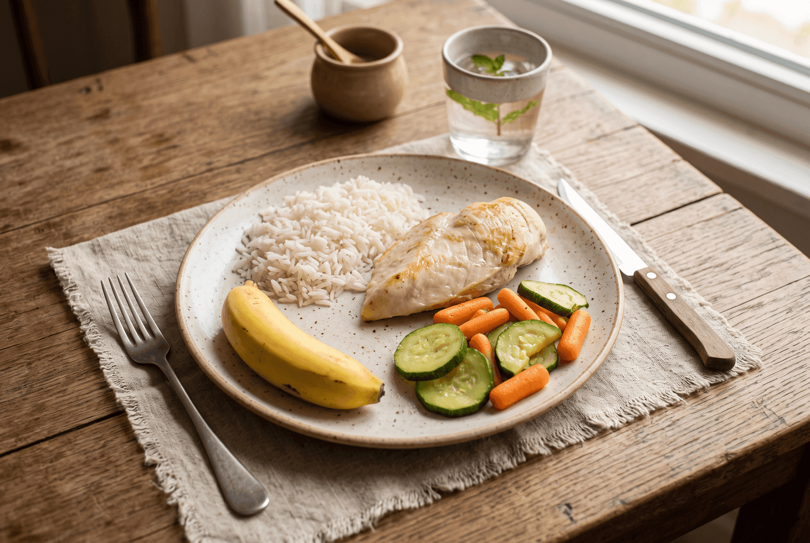 Prato suave com arroz branco, frango grelhado sem tempero picante, legumes cozidos e banana