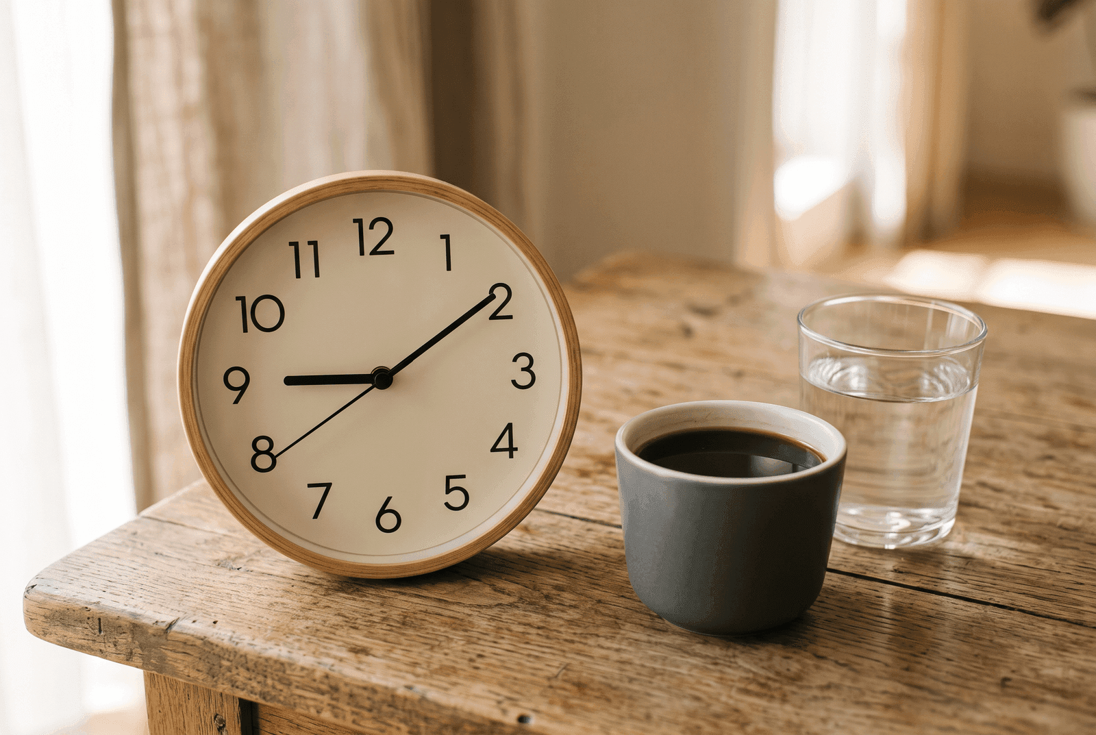 Relógio analógico ao lado de uma xícara de café preto e um copo de água, representando a janela de jejum