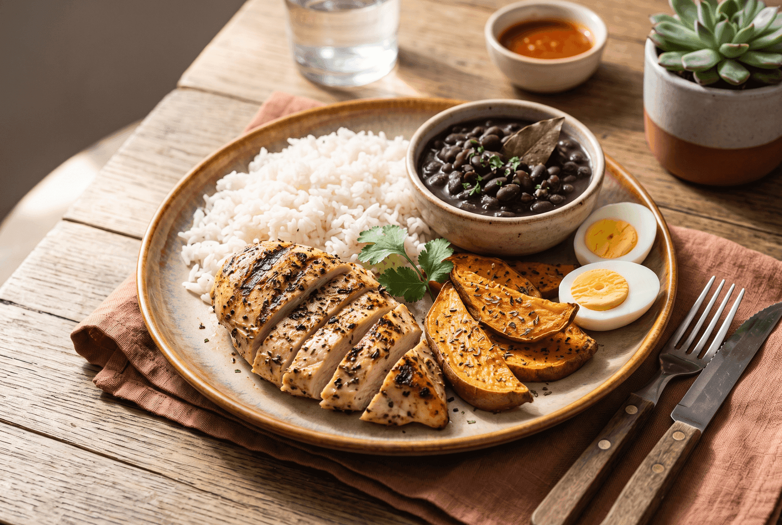 Prato rico em proteína com frango grelhado, arroz, feijão, batata-doce assada e ovo cozido