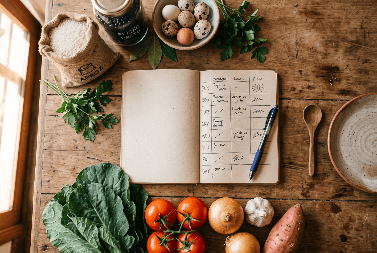 Caderno aberto com um planejamento semanal de refeições ao lado de ingredientes brasileiros como arroz, feijão e ovos