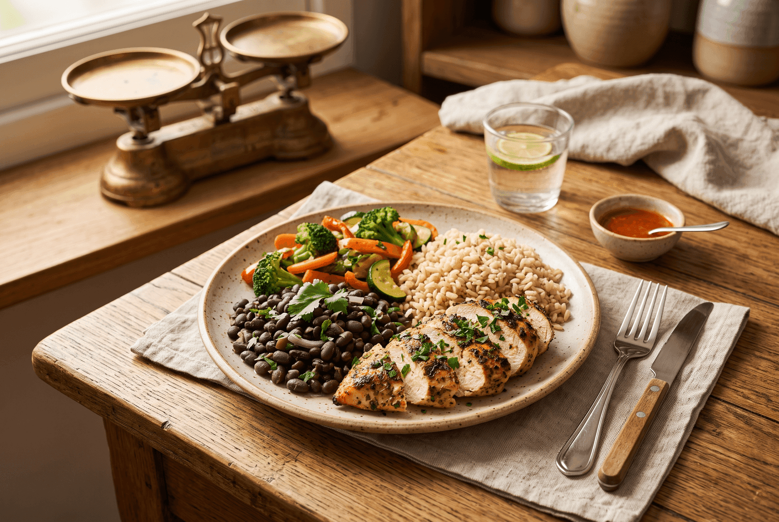 Prato equilibrado com frango grelhado, arroz integral, feijão e legumes, com uma balança de cozinha ao fundo, sem uso