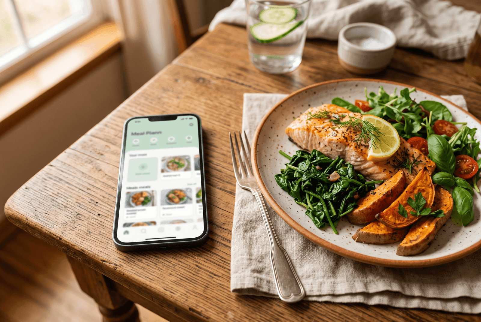 Celular mostrando a tela de um plano alimentar ao lado de um prato de salmão com batata-doce e salada